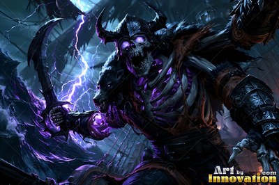 An armored skeletal warrior raises a curved sword under bright purple lightning