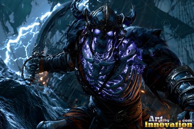 Leaning forward on a dark ship deck, a horned skeletal warrior swings a sword