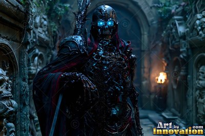 A skeleton warrior in dark armor stands with bright blue eyes inside a stone tomb