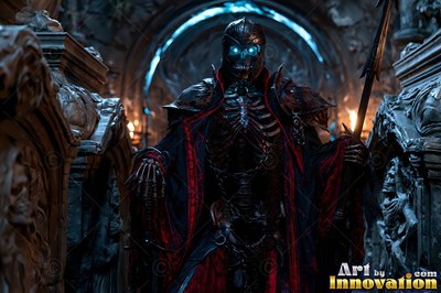In a dark crypt, an armored skeleton in a red-lined robe holds a spear