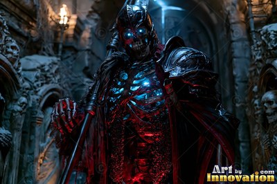 Standing in a dark stone tomb, a skeleton fighter in black armor holds a spear with blue light in its ribs