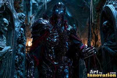 Skeleton soldier in shadowy armor holding a spear in a crypt