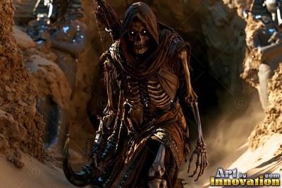 Tattered brown hood on a skeleton warrior walking from a dark desert tomb in warm sunlight