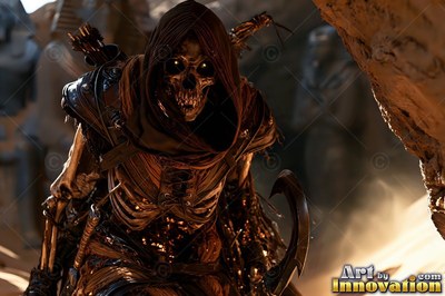 A hooded skeleton creeps out from a rock opening into warm dusty sunlight