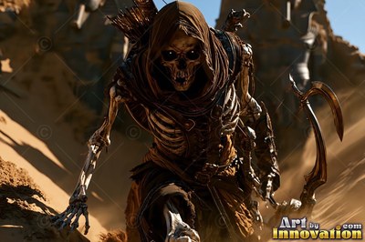 Crouching forward in a desert, a hooded skeleton archer grips a bow