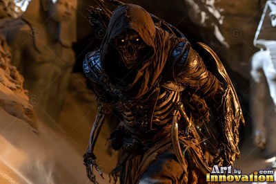 A hooded skeleton archer creeps through the sand near ancient stone statues