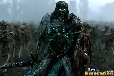 In heavy fog, an armored undead warrior leads an army with sword and shield