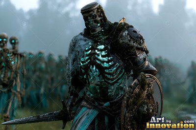 Marching in the mist, an armored skeletal figure leads an army with blue light in its ribs