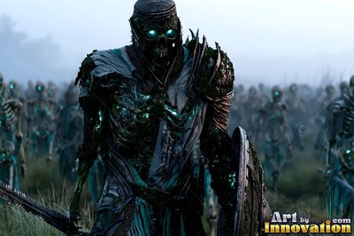 Skeleton in armor soldier marching through dense fog with blue eyes