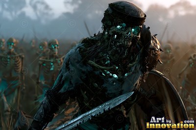 Wearing a metal cap, an undead skeleton soldier marches with an army across a dark field