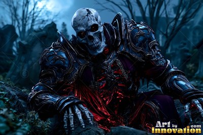 A skeleton warrior crawls forward in a dark cemetery, lit with red shine inside black armor