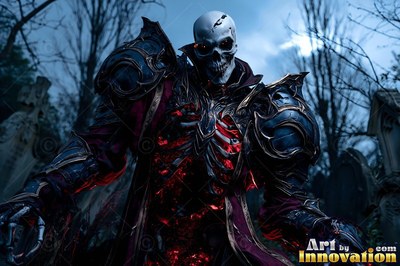 Leaning forward in a dark graveyard, a plate-wearing skeleton warrior shines red from inside