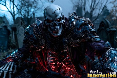 A skeleton warrior in deep gray armor crawls out of a grave in a foggy cemetery