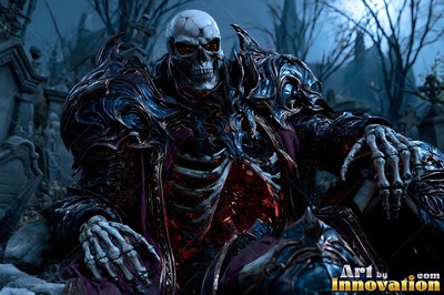 In a dark graveyard, an armored skeletal warrior rests with red light inside its ribs