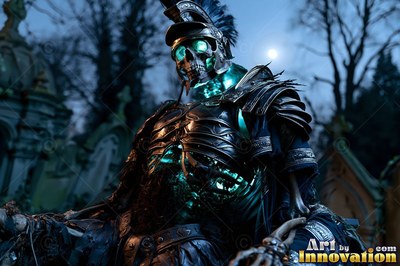 Sitting in deep gray armor with green light shining inside, a skeleton warrior rests in a cemetery graveyard