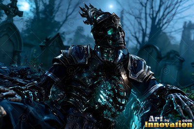 Armored skeleton sits in a foggy graveyard under blue light