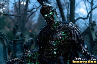 A skeleton soldier in green-lit plate armor stands in a misty graveyard at dusk