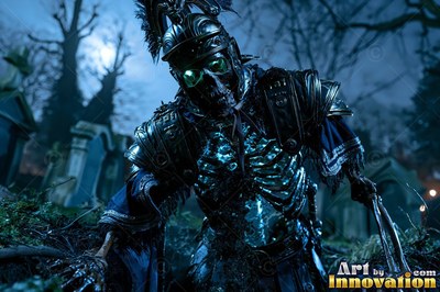 A skeleton soldier crawls from a dark graveyard with green light inside its ribs