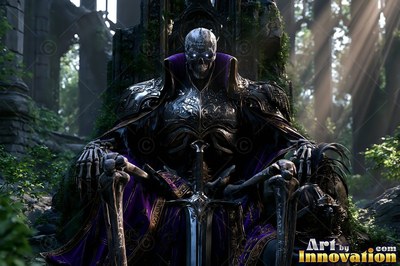 Seated on a stone throne in overgrown ruins, a skeleton wears dark armor and purple cloth