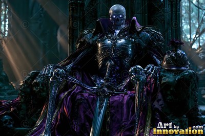 An undead warrior in black armor sits on a stone throne draped in purple cloth
