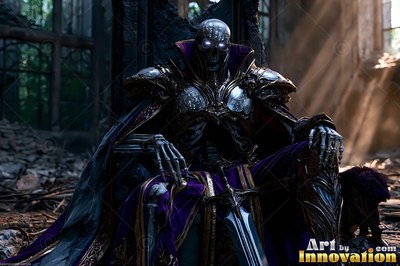 In a ruined stone hall, an armored skeletal figure sits on a dark throne in purple robes