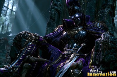 Sitting on a dark stone throne, an undead warrior rests in purple robes and armor