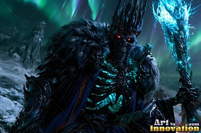 Crowned skeleton king holding a blue staff under green northern lights