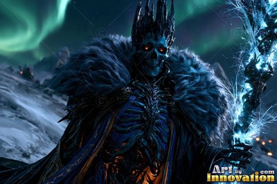 Wearing a dark fur collar, a crowned skeleton stands on snow under green northern lights