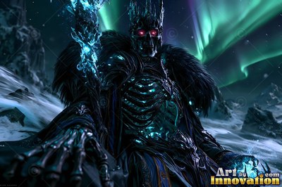 A crowned skeleton king sits in snow under the bright green northern lights
