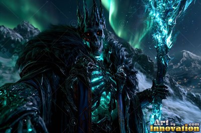 Facing forward in snowy mountains, an armored lich holds a cyan fiery staff