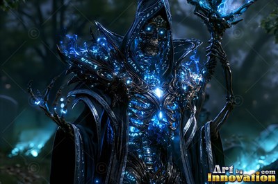 A skeleton mage in dark robes holds a staff with bright blue light in a forest