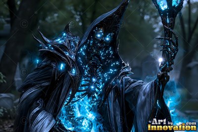In a dark graveyard , a skeletal mage in black robes holds a bright blue staff