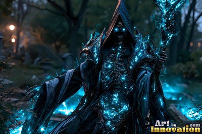 Holding a staff, a hooded skeleton lich casts bright blue magic in a graveyard