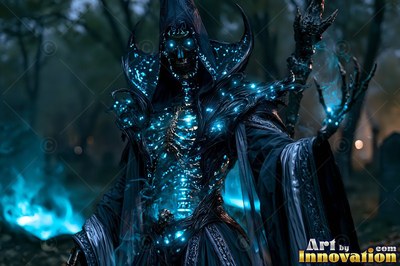 Skeleton mage in dark robes shines with blue light in a graveyard