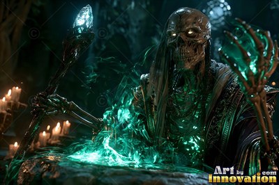 Dark robes wrap a skeletal sorcerer conjuring bright green smoke over a stone altar in a dark crypt