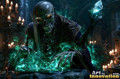 A skeleton sorcerer raises a crystal over a stone basin lit with bright green flames