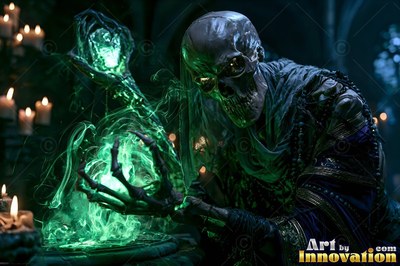 Hunched over in a dark crypt, a robed skeleton holds green fire between its hands