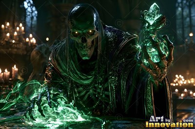 A skeleton mage in dark robes holds a green crystal over candlelit tables