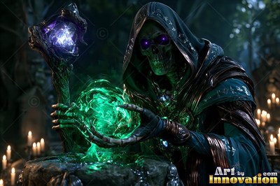 In a dark crypt, a hooded skeleton holds a staff and green fire over an altar