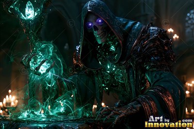 Casting a spell over a stone altar, a hooded skeleton raises green magic with bright purple eyes
