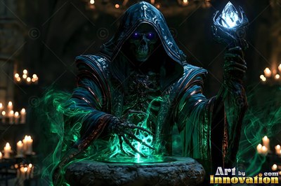 Hooded skeleton mage casting green magic above a stone basin