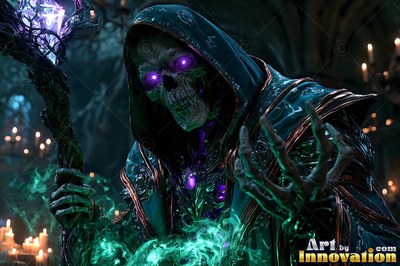 Hooded in dark robes, a skeleton sorcerer casts green magic with a crystal staff inside a crypt