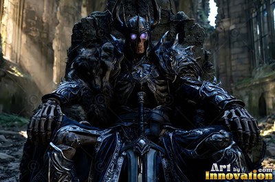 An armored skeleton sits on a stone throne with purple light shining from its eye sockets