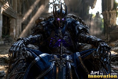 An undead king sits on a stone throne in black armor with purple light in ruined ruins