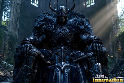In ruined stone ruins, an armored skeleton king sits upon a dark throne in sunbeams