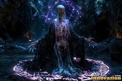 Casting a spell in a dark cave, a skeletal mage kneels inside a purple rune ring