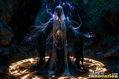 Skeleton mage in tattered robes stands in a bright rune circle