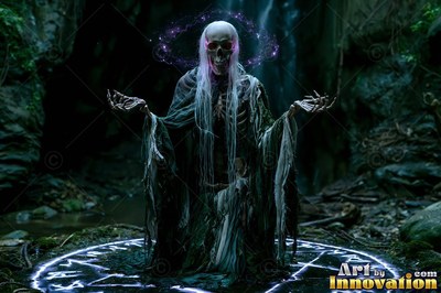 Draped in tattered green robes, a skeleton lich stands within a magic circle in a dark forest cave