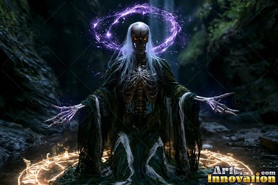A skeletal sorcerer raises bony hands beneath a halo of bright purple sparks