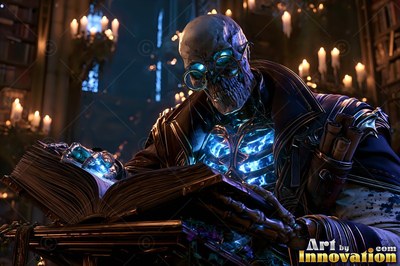Hunched over a desk in a dark library, a skeleton mage reads a spellbook